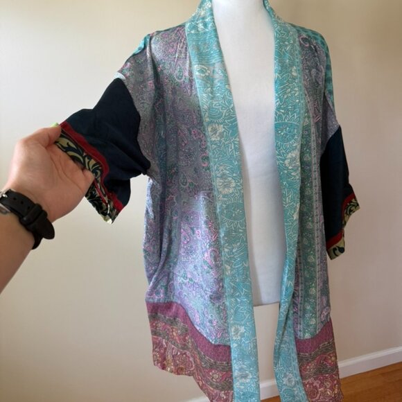 Karma Highway Patchwork Multi Art Silk Kimono Boho Coverup - Picture 2 of 8